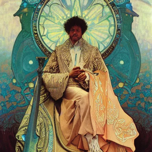 Prompt: richard ayoade sits on his throne as ruler of countdown, oil on canvas, by alphonse mucha, gustave dore, zdzislaw beksinski