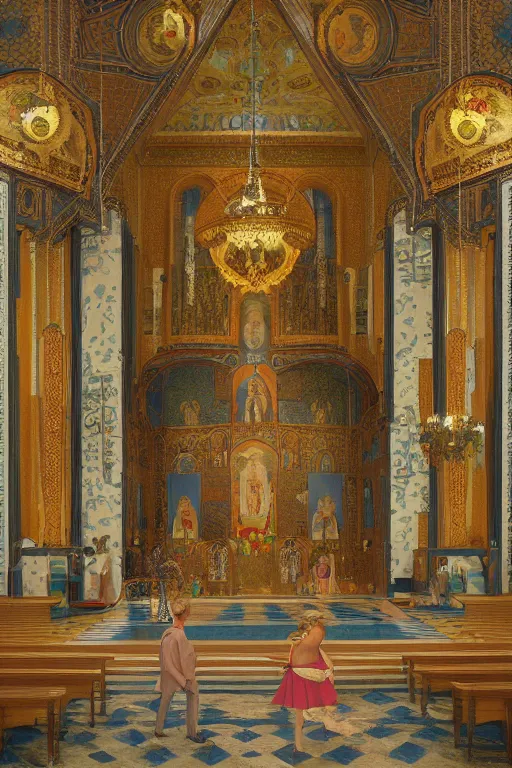 Image similar to scene from wes anderson orthodox cathedral building by helen lundeberg