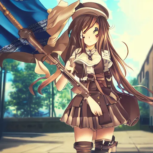 Prompt: anime girl marching on a pavement road with a flag and steampunk weapons and armor, finely detailed, beautiful, serious, cinematic lighting, golden hour, buildings, long brown hair, brown eyes, reflective, sharp focus, anime,