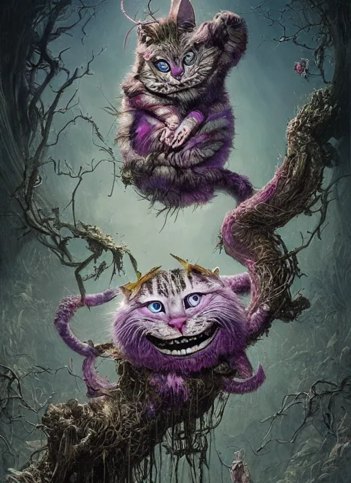 Image similar to cheshire cat the magician tarot card, highly detailed, cinematic, 8 k, by stanley artgermm, tom bagshaw, greg rutkowski, carne griffiths, ayami kojima, beksinski, giger, trending on deviantart, hyper detailed, horror, full of colour