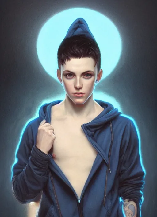 Image similar to androgynous young man with short black hair, light blue eyes, glowing, golden hour, wearing jeans and a black hoodie, realistic painting by ross tran and gerald brom and alphonse mucha, trending on artstation