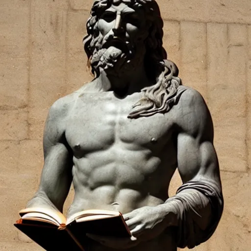 Prompt: greek statue of leonardo davinci holding a book, realistic, photorealistic