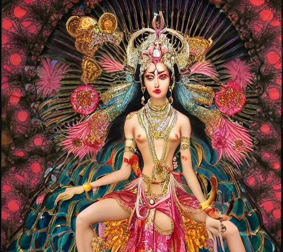 Image similar to breathtaking detailed concept art painting art deco pattern a beautiful devi goddess with shinny skin on sitted on an intricate metal throne, hands pressed together in bow, light - flowers with kind piercing eyes and blend of flowers and gems, by hsiao - ron cheng and john james audubon, bizarre compositions, exquisite detail, extremely moody lighting, 8 k h 1 0 2 4