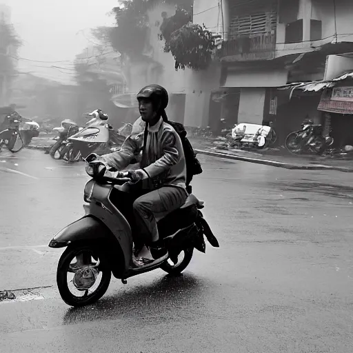 Prompt: a man riding a moped during a tornado hurricane, hanoi vietnam