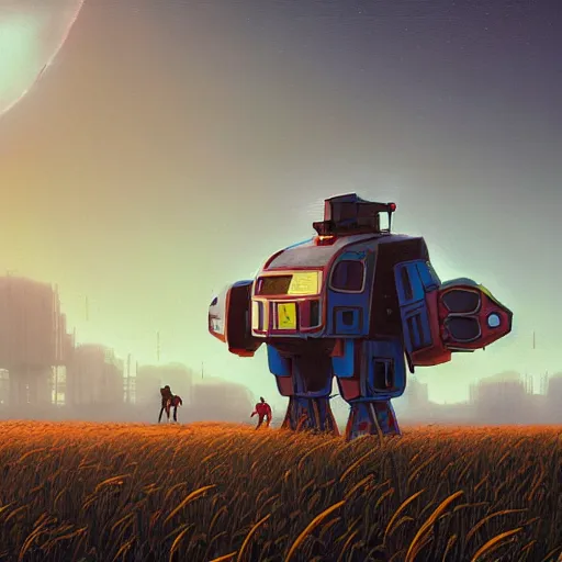 Prompt: giant mech stands over hay field by simon stalenhag, atmospheric haze, children below look up, misty evening, sci fi digital painting, unreal engine 5, photorealism, hd quality, 8 k resolution, cinema 4 d, 3 d, cinematic, professional photography, art by artgerm and greg rutkowski and alphonse mucha and loish and wlop