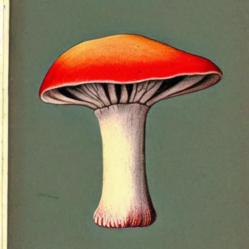 Image similar to botanical illustration of an alien mushroom. naturalist color illustration, textbook drawing, drawn on vellum, detailed illustration, nobel prize