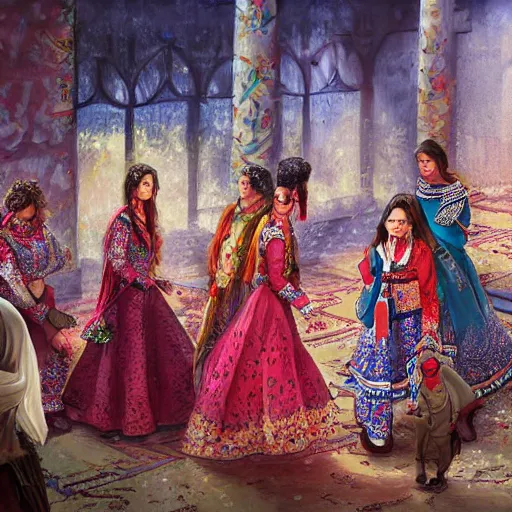 Prompt: kurdish wedding, highly detailed, digital painting, artstation, award winning art, sharp focus, incredibly strong and tall