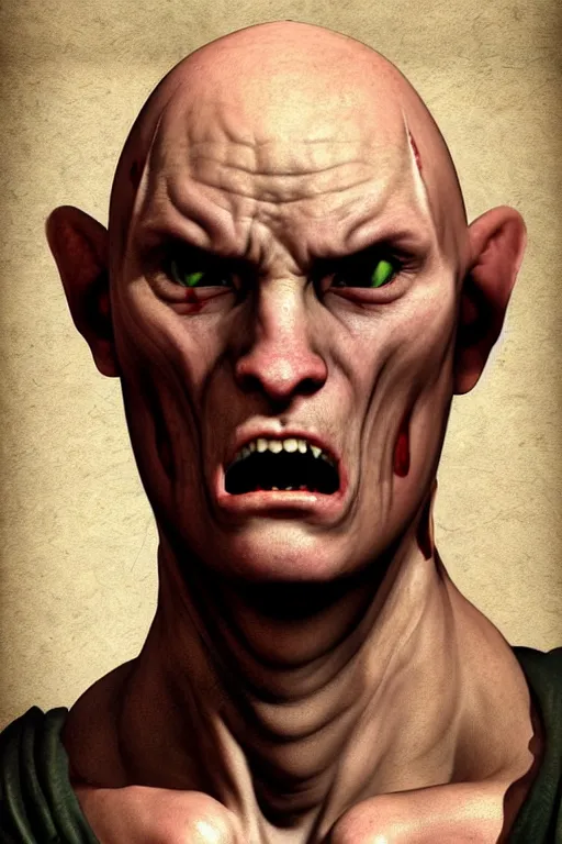 Prompt: unattractive, bald and unsympathetic Human_fighter!, He has 6 scares on his face, and a bloodthirsty look in his eyes. full_body!!, dungeons and dragons character, highly detailed, digital painting, artstation, concept art, sharp focus, illustration, art by Leonardo da Vinci and Michelangelo and Botticelli