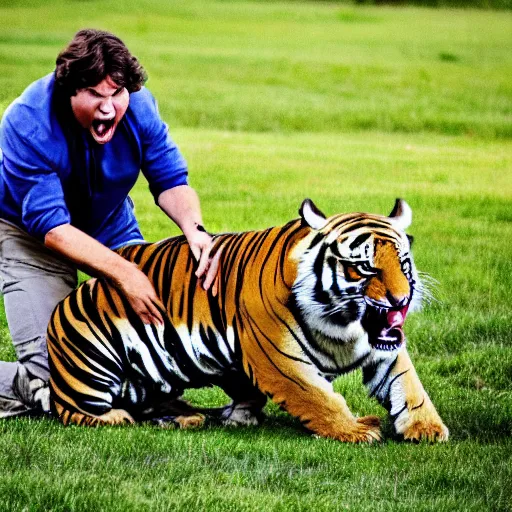 Image similar to a high quality photograph of Tucker Carlson being attacked by a sabertooh tiger, teeth ripping his flesh, he is screaming in agony on the set of Tucker Carlson tonight live on Fox News