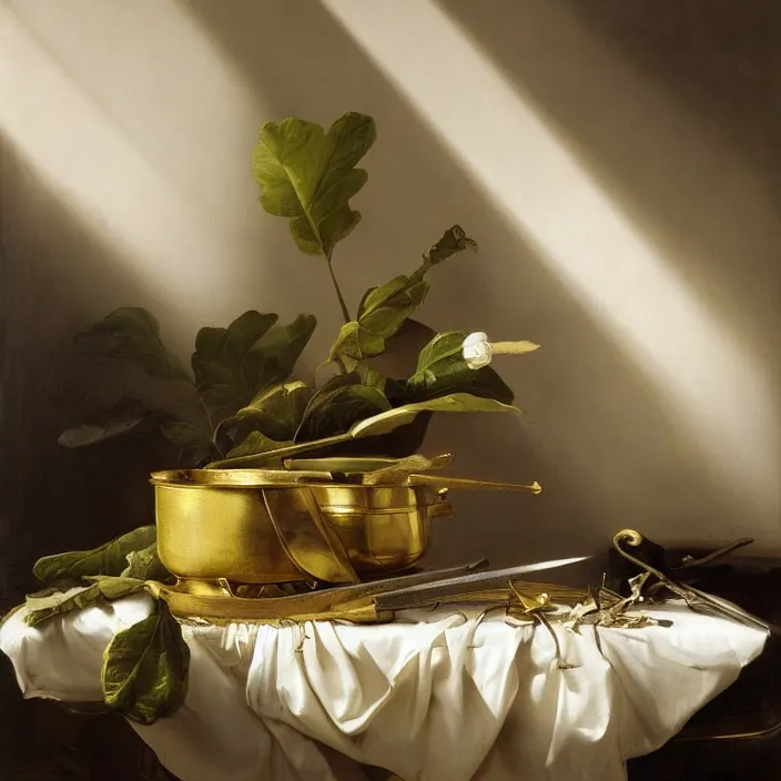 Prompt: still life painting of master sword and greenery by pieter claesz, oil on canvas, strong lighting, highly detailed, hyper realism, golden hour, god rays, hd, 4 k