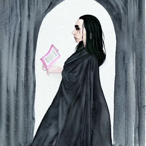 Image similar to full body detailed watercolor illustration of alien jennifer connelly mixed with anya taylor - joy, reading a book, unsettling, hooded long black feathered cloak, uncanny valley, with black feathers instead of hair, gothic, guillermo del toro, gray mottled skin, pale and sickly, profile view, - - ar 9 : 1 6