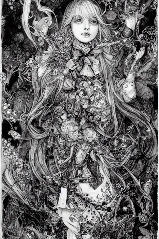 Image similar to Beautiful Alice in wonderland tarot card , pen and ink, intricate line drawings, by Yoshitaka Amano, Ruan Jia, Kentaro Miura, Artgerm, watercolor