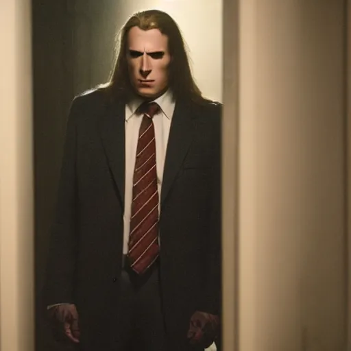 Image similar to arthas menethil as the american psycho, cinematic still