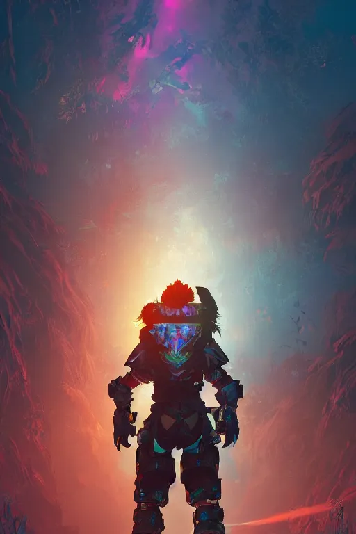 Image similar to combination suit armor aloy horizon forbidden west horizon zero dawn radiating a glowing aura global illumination ray tracing hdr fanart arstation by ian pesty and alena aenami artworks in 4 k tribal robot ninja mask helmet backpack