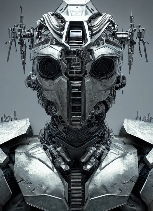 Image similar to portrait of a futuristic silver armored knight district 9 cyborg, in the style of annihilation with eyes made from fusion reactors, modern fine art, fractal, intricate, elegant, highly detailed, digital photography, subsurface scattering, by jheronimus bosch and greg rutkowski,