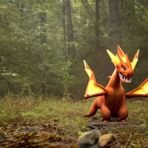 Image similar to realistic national geographic professional photo of charizard in the wild, award winning