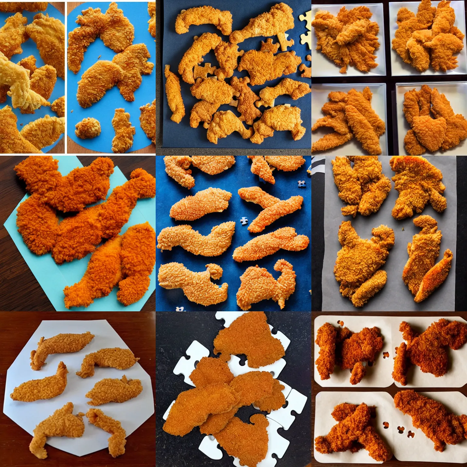 Prompt: puzzle pieces made from chicken tenders