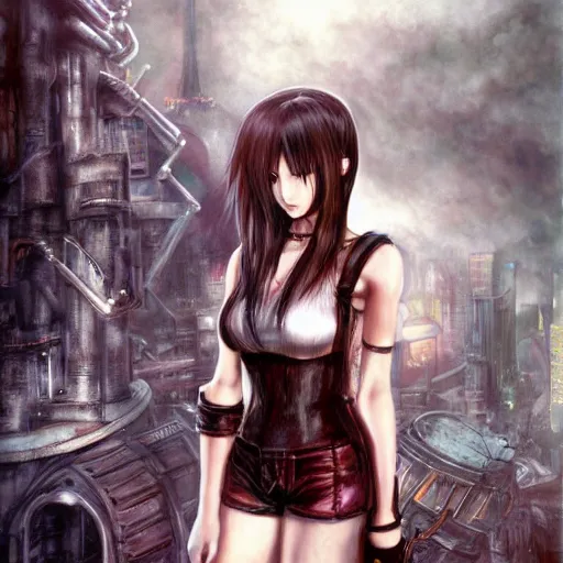 Prompt: painted conceptual art of tifa lockhart from from final fantasy 7 in her signature outfit with the steam punk city midgard as backdrop, by master artist yoshitaka amano