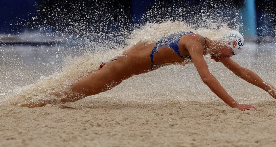 Image similar to olympic swimming in sand instead of water, extremely coherent, motion blur