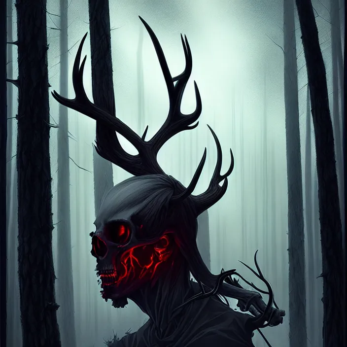 Prompt: style artgerm, joshua middleton, tim jacobus, scary wendigo with antlers and skull face, in the forest, detailed, dark and foggy, cinematic lighting