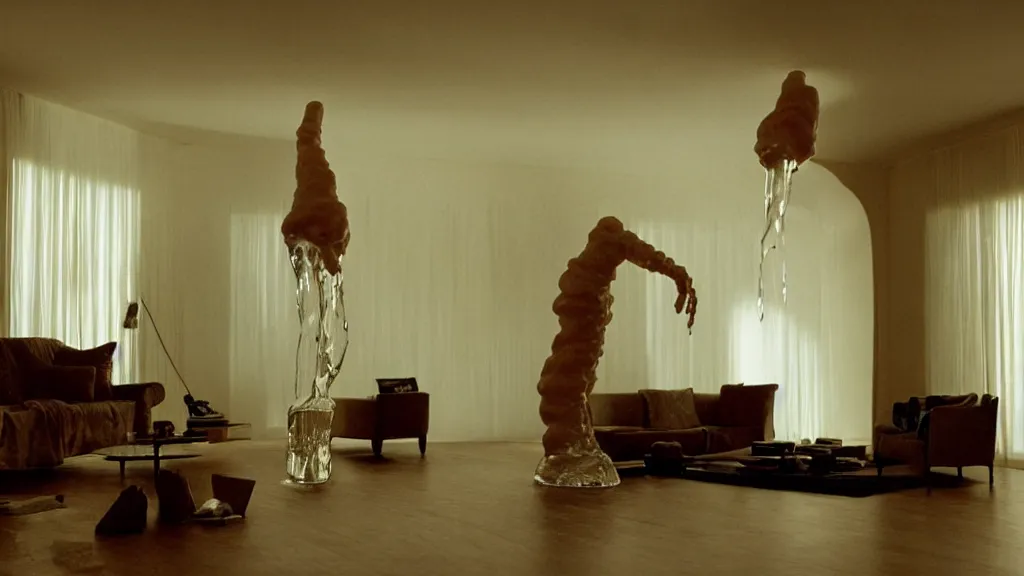 Prompt: a giant hand made of wax and water floats through the living room, film still from the movie directed by Denis Villeneuve with art direction by Salvador Dalí, wide lens