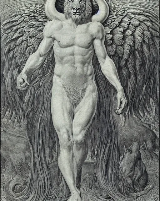 Image similar to a creature with the body and eyes of a man, with the beak of an eagle, the mane of a lion, and the horns of an ox by jean delville