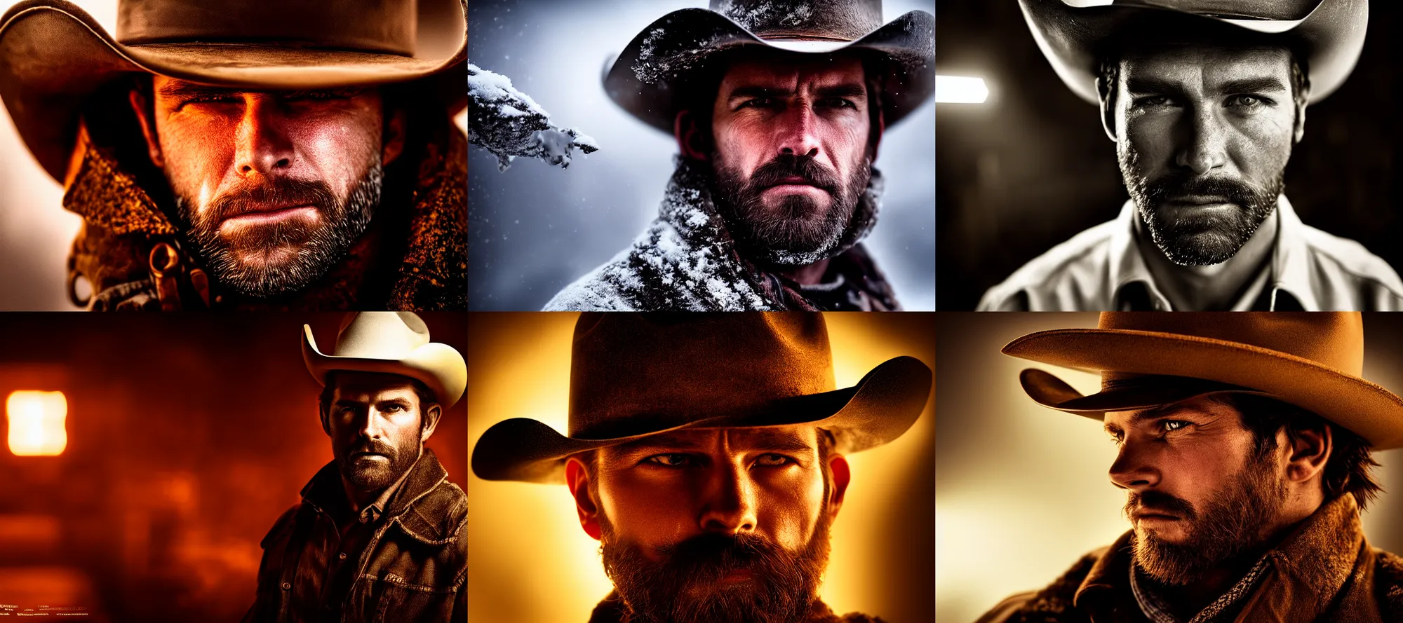 Prompt: a cinematic headshot portrait of a cowboy rugged intense, inside dark bar, bokeh glow, light snow, ultra realistic, dramatic lighting, by mike campau and annie leibovitz, 8 k hdr