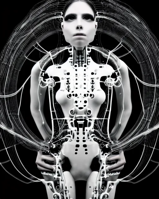 Prompt: black and white artistic photo, young female cyborg - plant goddess, microchip, artificial intelligence, bio - mechanical bio - luminescence, black wired cables, cinematic, rim light, photo - realistic, 8 k, in the style of steven meisel and dora maar and h. g. giger