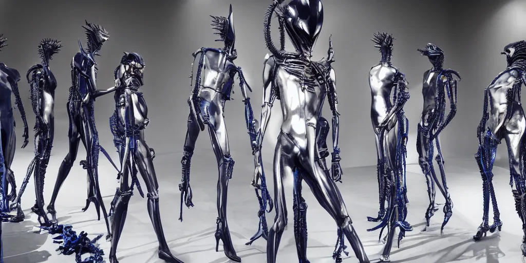 Image similar to blue human with rick owens iron spikes xenomorph intricated jewelry figure plastic jumping in a runway fashion show, realistic photography paparazzi by Nick Knight and Luis Royo