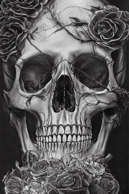 Image similar to A hyper-realistic and beautiful painting of a human skull adorned with black roses , detailed and intricate , horror, creepy, memento mori , smoke, ominous, unnerving , matte painting, cinematic, cgsociety, as featured in Artstation, James jean, Brian froud , rossdraws hyperrealism, award winning artwork, trending on artstation, high quality printing, fine art with subtle redshift rendering