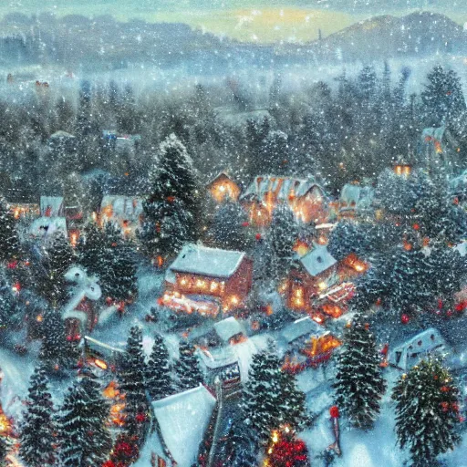 Image similar to a christmas village, aerial view, wide angle, snowing, pine trees, victorian era, 8 k, high detail, oil painting