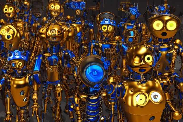 Prompt: a queue of 7 golden and blue metal humanoid steampunk robots wearing and gears and tubes, eyes are glowing red lightbulbs, shiny crisp finish, 3 d render, 8 k, insaneley detailed, fluorescent colors, background is an entrance door to a futuristic nightclub, nightlight