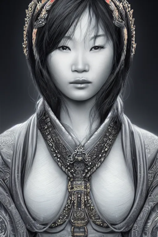 Image similar to a portrait of an lonely asian goddess, detailed, realistic eyes, horizontal partial symmetry features proportions, intricate facial details, cybertech wear, award winning, trending in cgsociety artstation deviant art