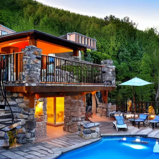 Prompt: patio with beautiful multi - level pool overlooking mountains at sunset