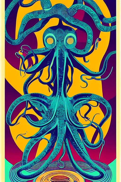 Image similar to a 6 0 s art deco octopus with the interior of an international space station fuill of electronic equipment, poster art by milton glaser, kilian eng, moebius, behance contest winner, psychedelic art, concert poster, poster art, maximalist