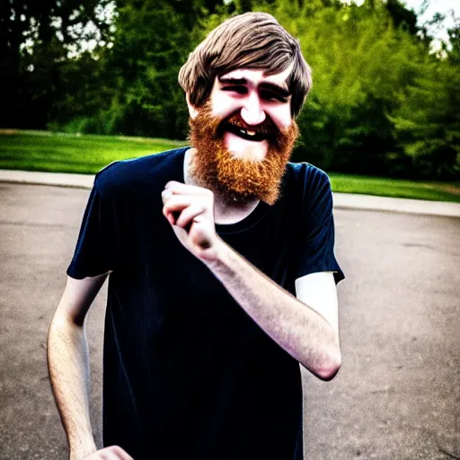 Image similar to bearded long - haired bo burnham outside of his house, smiling and dancing