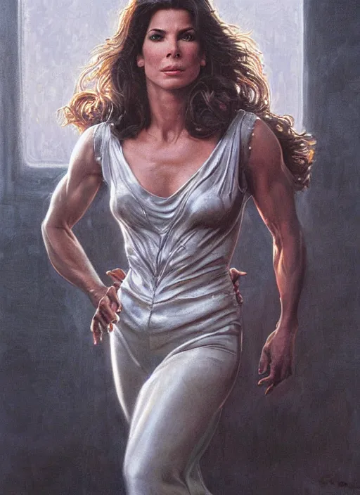 Image similar to Sandra Bullock (1990) as a muscled heroine staring into the camera, torch shadows, foggy night, intricate, elegant, highly detailed, Donato Giancola, Joseph Christian Leyendecker, WLOP, Boris Vallejo, Artgerm