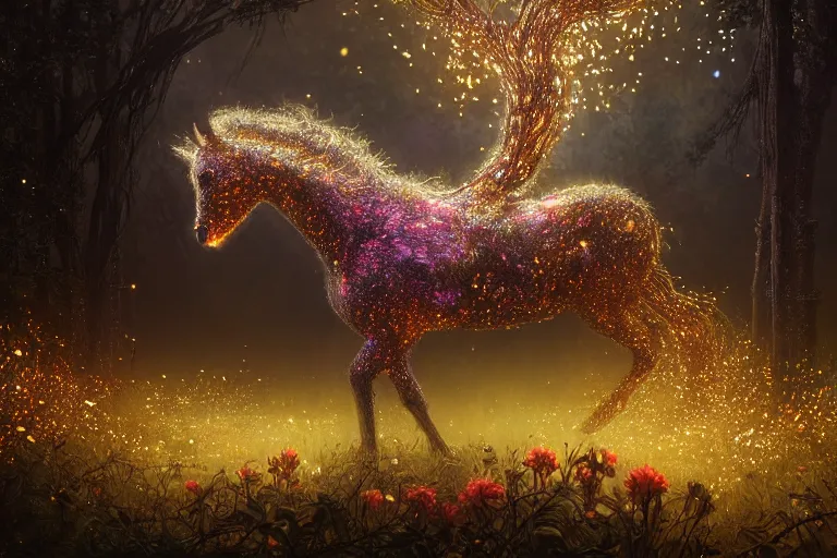 Image similar to a stunning horse completely made of fireflies with a thick mane of bioluminescent vines and flowers running through the woods by greg rutkowski, high key lighting, volumetric light, digital art, highly detailed, fine detail, intricate, ornate, complex, octane render, unreal engine, photorealistic