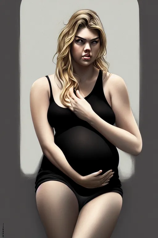 Image similar to pregnant kate upton in a black tank top, realistic portrait, symmetrical, highly detailed, digital painting, artstation, concept art, smooth, sharp focus, illustration, cinematic lighting, art by artgerm and greg rutkowski and alphonse mucha