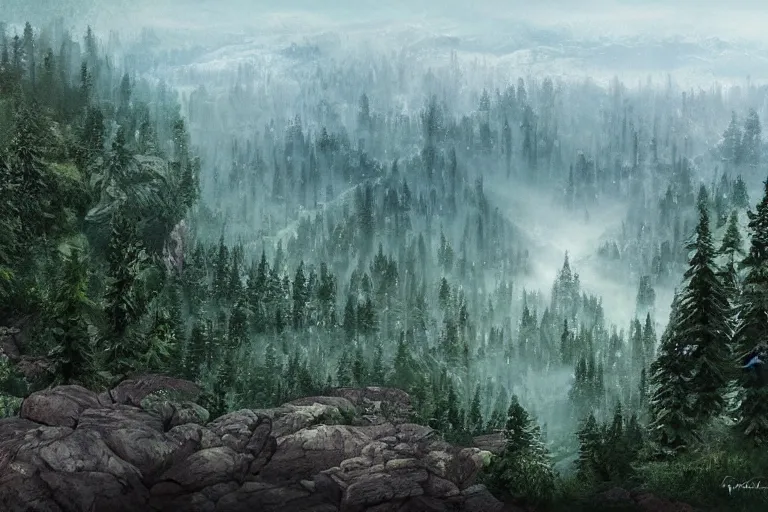 Image similar to beautiful swedish forest from the view of a mountain, misty, very detailed, fantasy landscape concept art