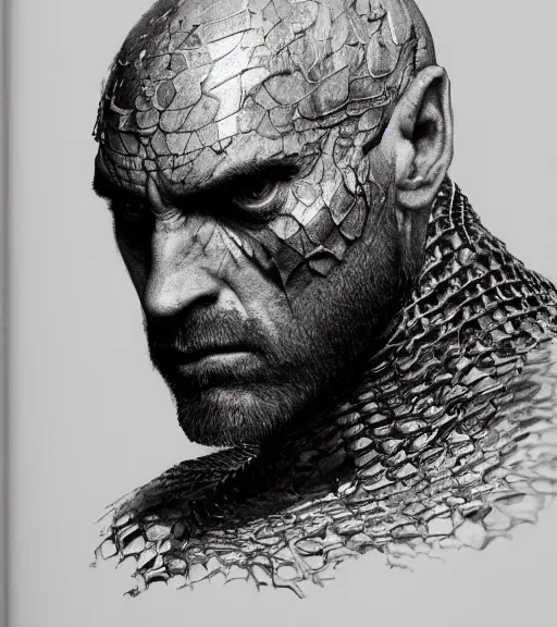 Image similar to portrait of strong bald man with scars in intricate dragonscale armor, pen and ink, intricate line drawings, by craig mullins, ruan jia, kentaro miura, greg rutkowski, loundraw