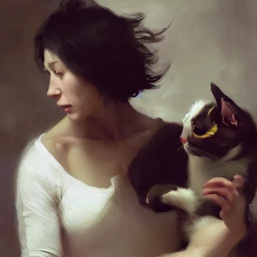 Prompt: a woman eating a cat, and both of them are terrified, digital art from artstation by Ruan Jia and Mandy Jurgens and Artgerm and william-adolphe bouguereau