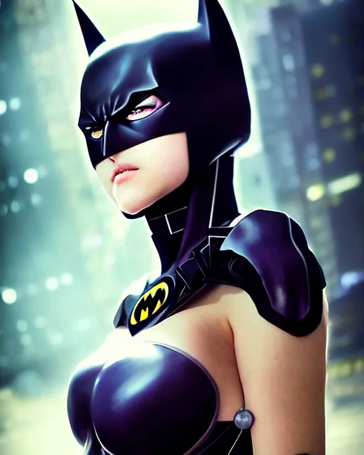 Image similar to portrait anime batman cosplay girl cute - fine - face, pretty face, realistic shaded perfect face, fine details. anime. realistic shaded lighting by katsuhiro otomo ghost - in - the - shell, magali villeneuve, artgerm, rutkowski jeremy lipkin and giuseppe dangelico pino and michael garmash and rob rey