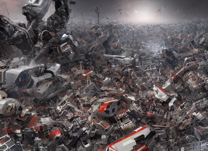 Image similar to huge amount of robots spread over tornado hyperrealistic artstation fx