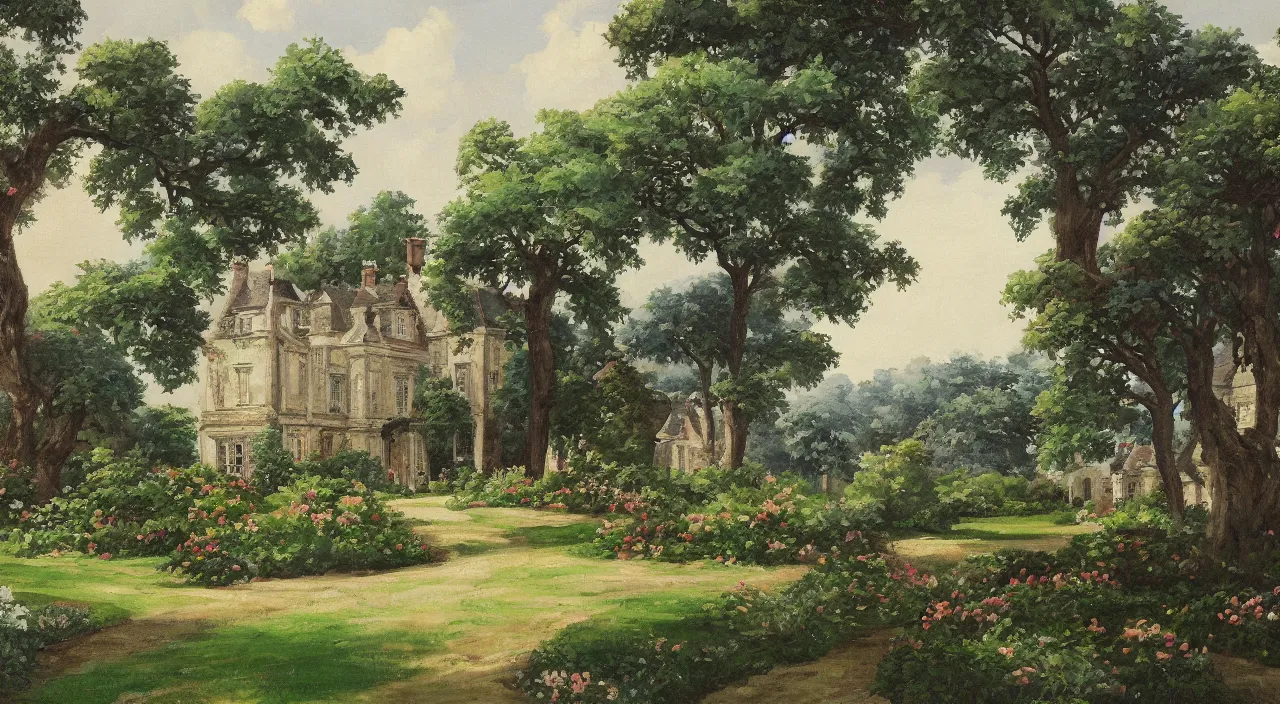 Prompt: a landscape painting of a French manor, with a garden, in the style of anime