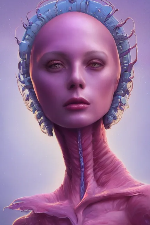 Image similar to digital portrait of an eloquent alien plant queen, straight on, full body character concept art, concept art, by artgerm, tom bagshaw, gerald brom, vaporwave colors, lo fi colors, vaporwave, lo fi, 4 k, hd, rendered with substance designer, small details,