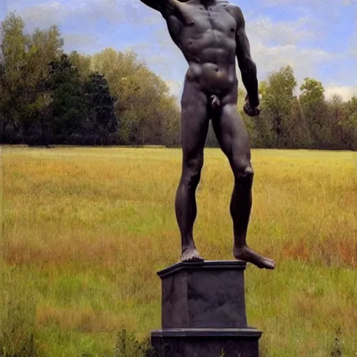 Prompt: statue of david Michelangelo stands in the middle of a field, , Rye (Shishkin), painting by Ivan Shishkin, David (Michelangelo) painting by Valentin Serov, oil painting, hyperrealism, beautiful, high resolution