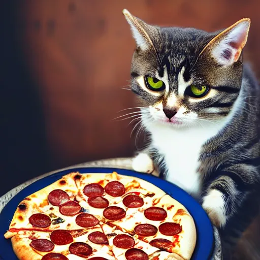 Image similar to realistic photo of a cute cat eating pizza