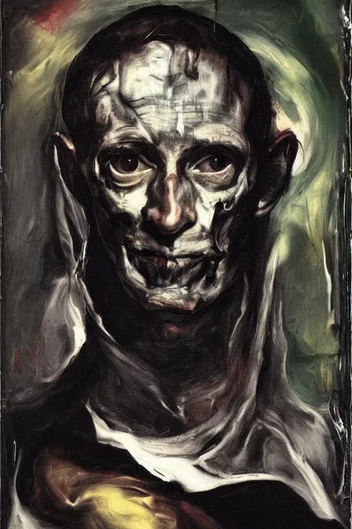 Prompt: menacing portrait of medici emerging from the dark void, lonely figure in the darkness, painted by Adrian Ghenie El Greco, painted by Lucian Freud, polaroid, Renaissance, John Singer Sargant, glitch