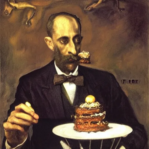 Prompt: man in suit eating a beautiful birthday cake by el greco, remedios vary, salvador dali, carl gustav carus, john atkinson grimshaw. high detail, great lighting, 8 k resolution, masterpiece, concept art, illustration